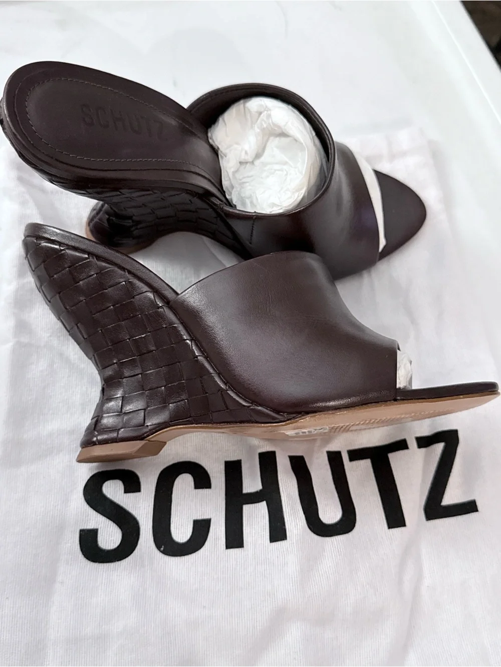 SCHUTZ Dark Brown Leather Open-Toe Mule Heels